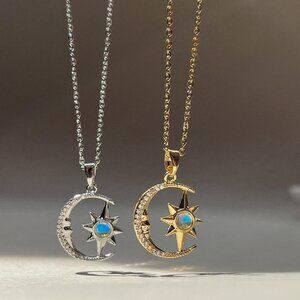 Moon Star Zircon Pendant Gold or Silver Stainless Steel Necklace Women's Jewelry